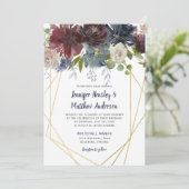 ネイビ素朴ブルゴーニュバラ幾何学フローラ結婚ズ 招待状 (スタンド正面)