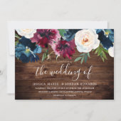 ネイビ素朴ブルゴーニュ赤ブルゴーニュフローラ結婚ズ 招待状 (正面)