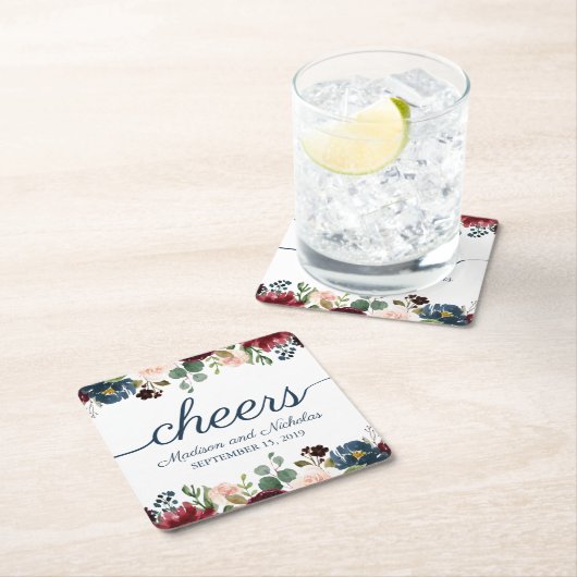 ネイビ素朴マルサラフローラ結婚の紙コースター スクエアペーパーコースター (インサイチュ)