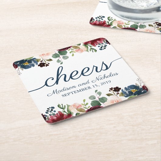 ネイビ素朴マルサラフローラ結婚の紙コースター スクエアペーパーコースター (アングル)