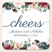 ネイビ素朴マルサラフローラ結婚の紙コースター スクエアペーパーコースター (正面)