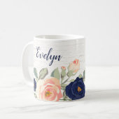 ネイビ素朴ーかわいらしブルー,ピーチフローラパーソナライズされた コーヒーマグカップ (正面左)
