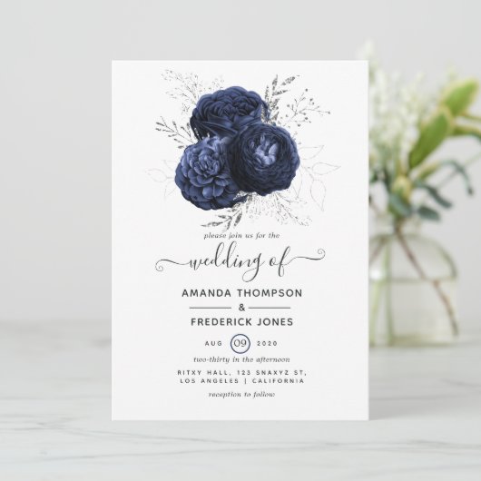 ネイビ素朴ーとフェイクグリッターシルバーのフローラ結婚ズ 招待状 (スタンド正面)