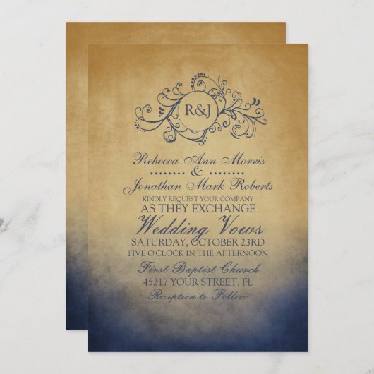 ネイビ素朴ーと金ゴールドボヘミア結婚式招待状 招待状 (正面/裏面)