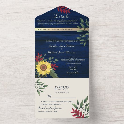 ネイビ素朴ーひまわり結婚の オールインワン招待状 (内側)
