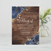 ネイビ素朴ーインディゴブルーバラ&金ゴールド結婚ズ 招待状 (スタンド正面)