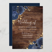 ネイビ素朴ーインディゴブルーバラ&金ゴールド結婚ズ 招待状 (正面/裏面)