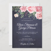 ネイビ素朴ーエレガントピンクフローラ水色結婚色 招待状 (正面)