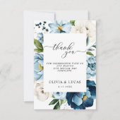 ネイビ素朴ーダスティブルー可愛いエレガントフローラ結婚ズ サンキューカード (正面)