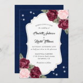 ネイビ素朴ーブルブルゴーニュ赤面バーラップ結婚ズ 招待状 (正面/裏面)