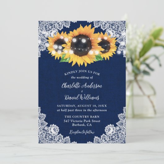 ネイビ素朴ーブルブルラップレースサンフラワー結婚ズ 招待状 (スタンド正面)