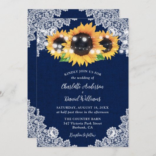 ネイビ素朴ーブルブルラップレースサンフラワー結婚ズ 招待状 (正面/裏面)