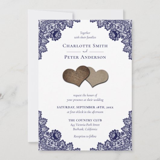 ネイビ素朴ーブルーのラップとレース結婚ズ 招待状 (正面)