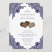 ネイビ素朴ーブルーのラップとレース結婚ズ 招待状 (正面/裏面)