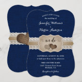 ネイビ素朴ーブルーのラップとレース結婚ズ 招待状 (正面/裏面)