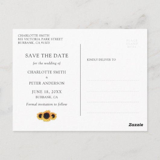 ネイビ素朴ーブルーひまわり結婚式の日付を保存 ポストカード (裏面)
