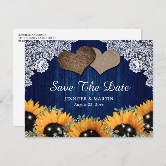 ネイビ素朴ーブルーひまわり結婚式の日付を保存 案内ポストカード (正面/裏面)