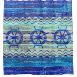 ネイビ素朴ーブルーコースタルデコール船舶用ホイール シャワーカーテン