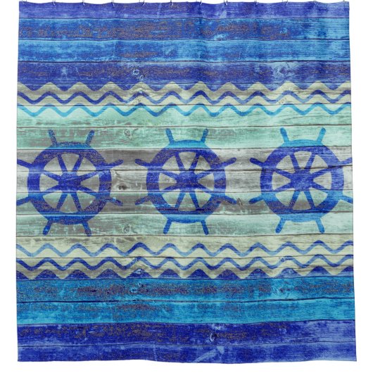 ネイビ素朴ーブルーコースタルデコール船舶用ホイール シャワーカーテン (正面)