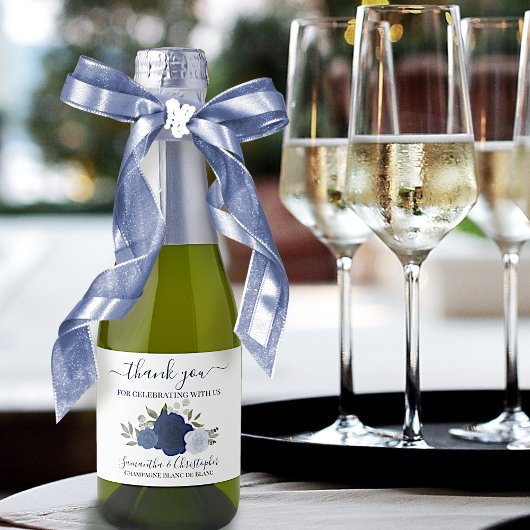 ネイビ素朴ーブルーバラズ結婚サンキューミニ スパークリングワインラベル