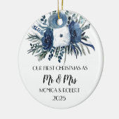 ネイビ素朴ーブルーフローラバラ初めてのクリスマス セラミックオーナメント (左)