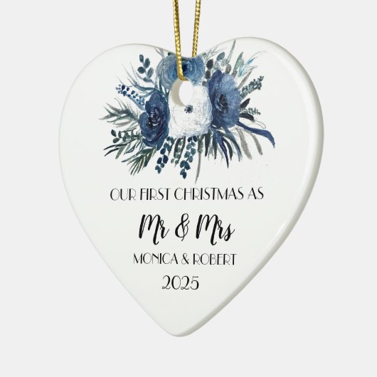 ネイビ素朴ーブルーフローラバラ初めてのクリスマス セラミックオーナメント (左)