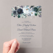 ネイビ素朴ーブルーフローラ結婚ズ アクリル招待状 (インサイチュ (ポータブル))