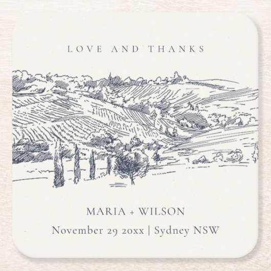 ネイビ素朴ーブルーワイナリーマウンテンスケッチ結婚ズ スクエアペーパーコースター (正面)