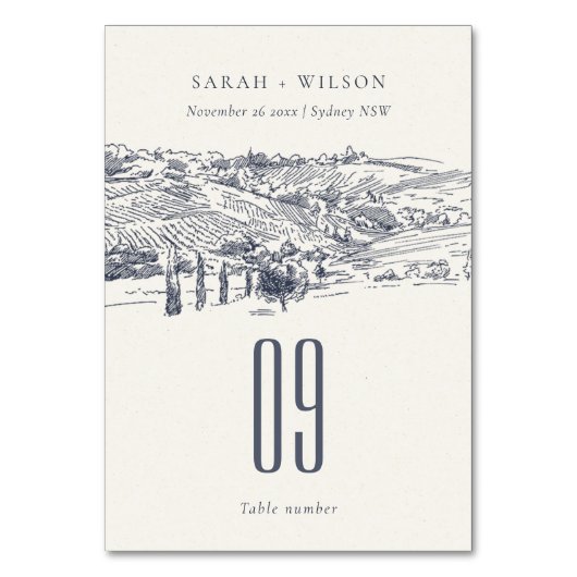 ネイビ素朴ーブルーワイナリーマウンテンスケッチ結婚ズ テーブルナンバー (正面)