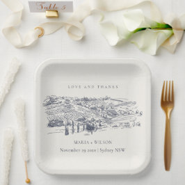 ネイビ素朴ーブルーワイナリーマウンテンスケッチ結婚ズ ペーパープレート