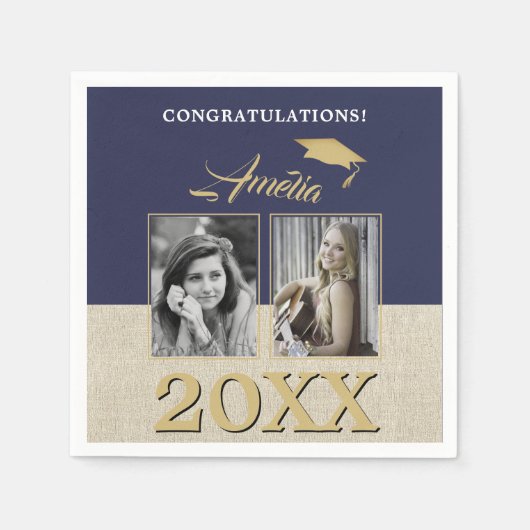 ネイビ素朴ーブルー卒業生2写真卒業 スタンダードカクテルナプキン (正面)