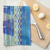 ネイビ素朴ーブルー沿岸デコールセーラーボート キッチンタオル (四つ折り)