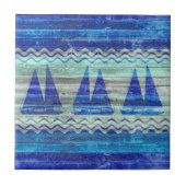 ネイビ素朴ーブルー沿岸デコールセーラーボート タイル (正面)