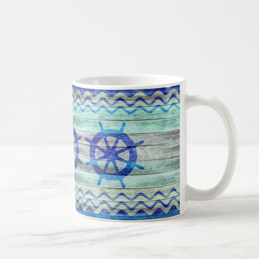 ネイビ素朴ーブルー沿岸デコール船の車輪 コーヒーマグカップ (右)
