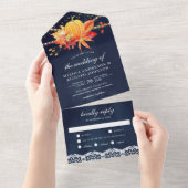 ネイビ素朴ーブルー秋メープル葉パンプキ結婚ン オールインワン招待状 (貼ってはがせる)