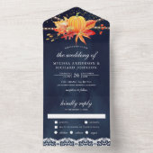 ネイビ素朴ーブルー秋メープル葉パンプキ結婚ン オールインワン招待状 (内側)