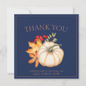 ネイビ素朴ーブルー秋秋パンプキンス結婚 サンキューカード (正面)