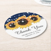 ネイビ素朴ーブルー結婚ラップひまわり ラウンドペーパーコースター (アングル)