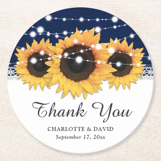 ネイビ素朴ーブルー結婚ラップひまわり ラウンドペーパーコースター (正面)