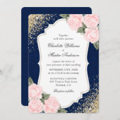 ネイビ素朴ーブルー赤面バラバーラップ結婚ズ 招待状 (正面/裏面)