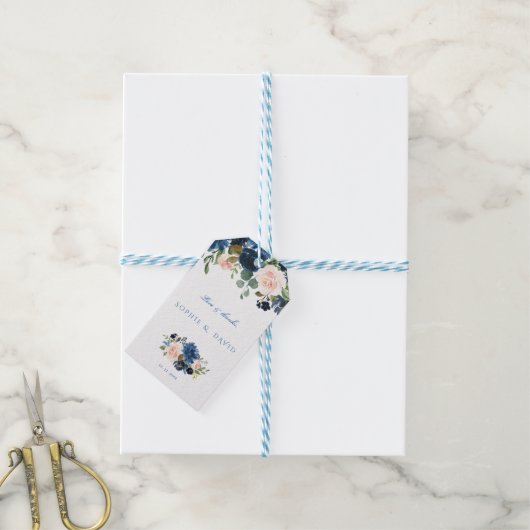 ネイビ素朴ーブルー赤面花開花結婚ズ ギフトタグ (より糸付き)