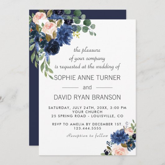 ネイビ素朴ーブルー赤面花開花結婚ズ 招待状 (正面/裏面)