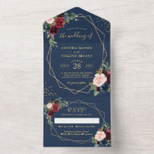 ネイビ素朴ーブルー金ゴールドジオメト結婚リ オールインワン招待状 (内側)