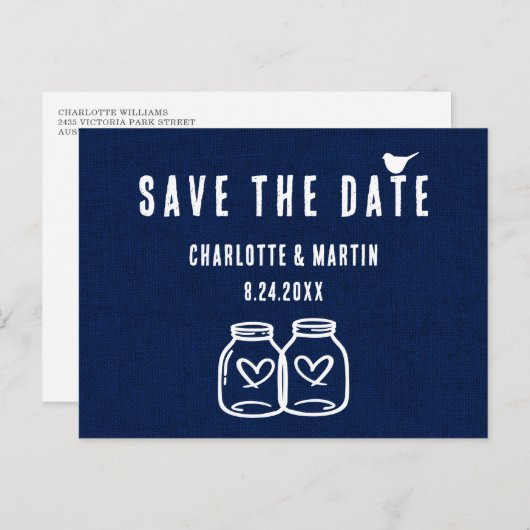 ネイビ素朴ーブルーBurlap結婚式の日付を保存 案内ポストカード (正面/裏面)