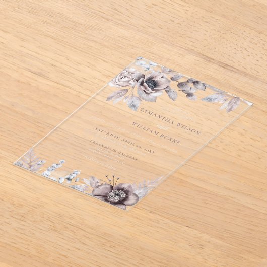 ネイビ素朴ーマウヴフローラボタニカル結婚ズ アクリル招待状 (レイダウン)