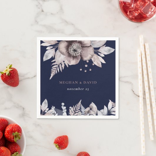 ネイビ素朴ーマウヴフローラボタニカル結婚ズ スタンダードカクテルナプキン (インサイチュ)
