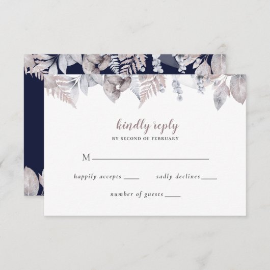 ネイビ素朴ーマウヴフローラボタニカル結婚ズ 出欠カード (正面/裏面)