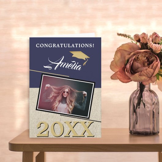 ネイビ素朴ーモダンブルー大学院写真卒業 カード