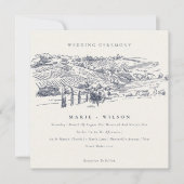ネイビ素朴ーワイナリーマウンテンスケッチ結婚式の招待 サンキューカード (正面)