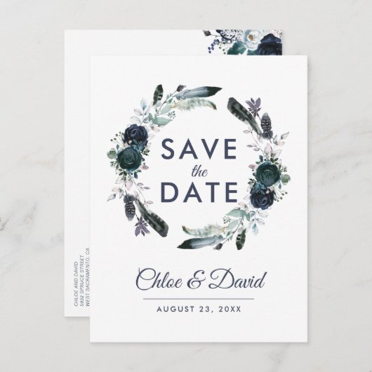 ネイビ素朴ー牡丹の水の色の保存日付 案内ポストカード (正面/裏面)